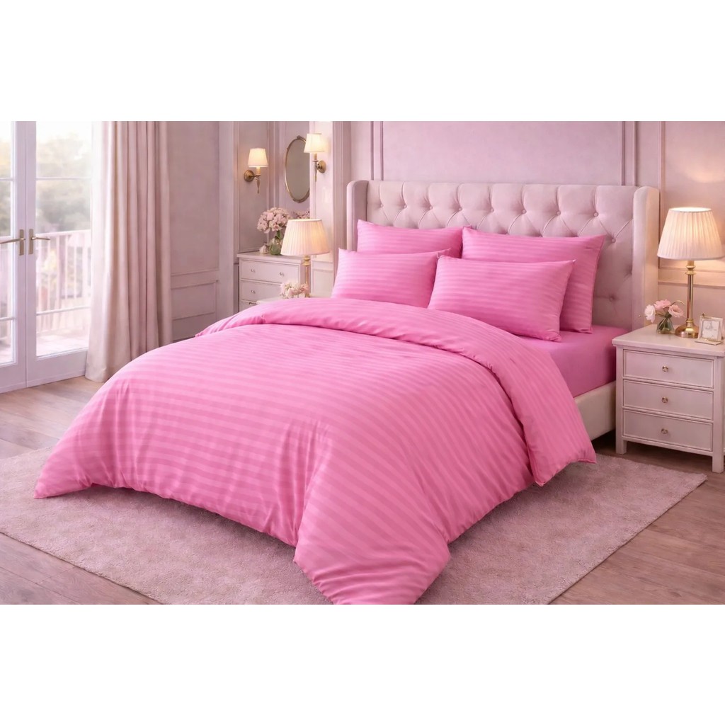 Vionetta Pamuk Saten Pembe Çizgili Otel Serisi Lastikli Çarşaflı Çift Kişilik Nevresim Takımı - 200 x 220 cm Nevresim Takımı Fiyatı