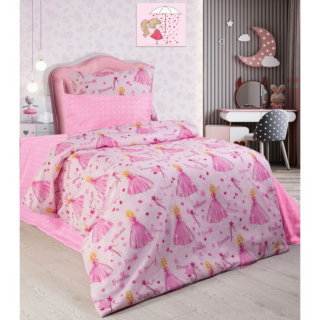 Vionetta Pamuklu Prenses Kız Desenli Lastikli Çarşaflı 2 Yastıklı Çocuk Tek Kişilik Nevresim Takımı - Pembe - 160 x 220 cm Nevresim Takımı Fiyatı