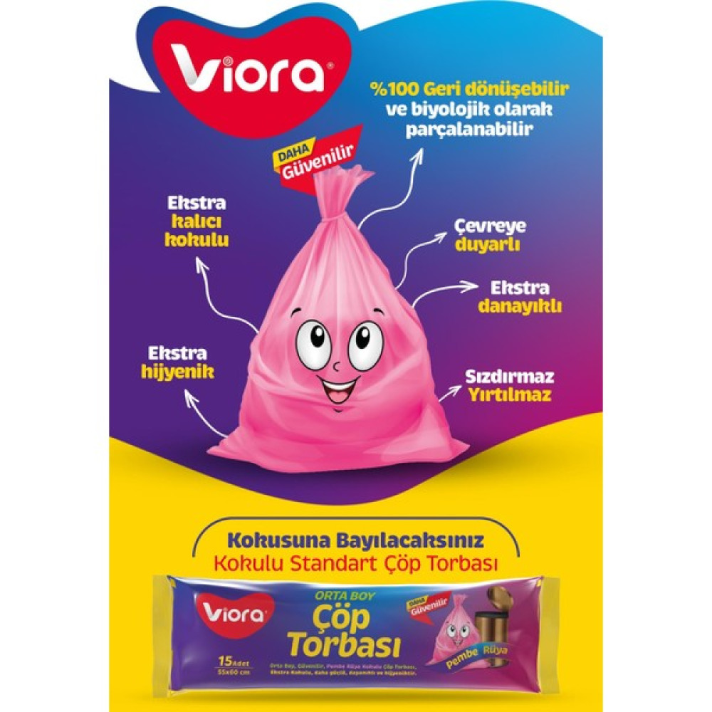 Viora Orta Boy Kokulu 5 Paket Çöp Torbası 55X60 cm 75Lİ Çöp Poşeti - Pembe Rüya Kokulu Çöp Poşetleri Fiyatı