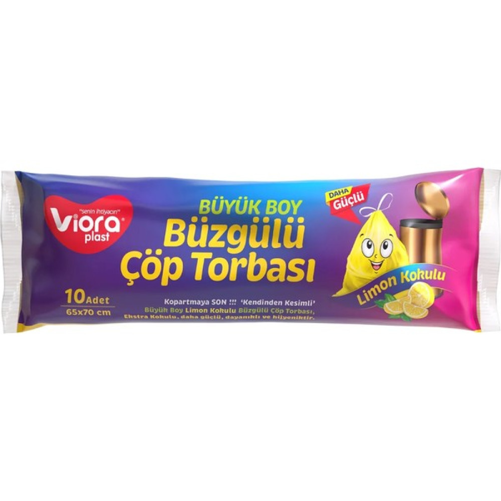 Vioraplast Büyük Boy Büzgülü Çöp Torbası Limon Kokulu 65X70 cm - 65 x 70 cm Çöp Poşetleri Fiyatı
