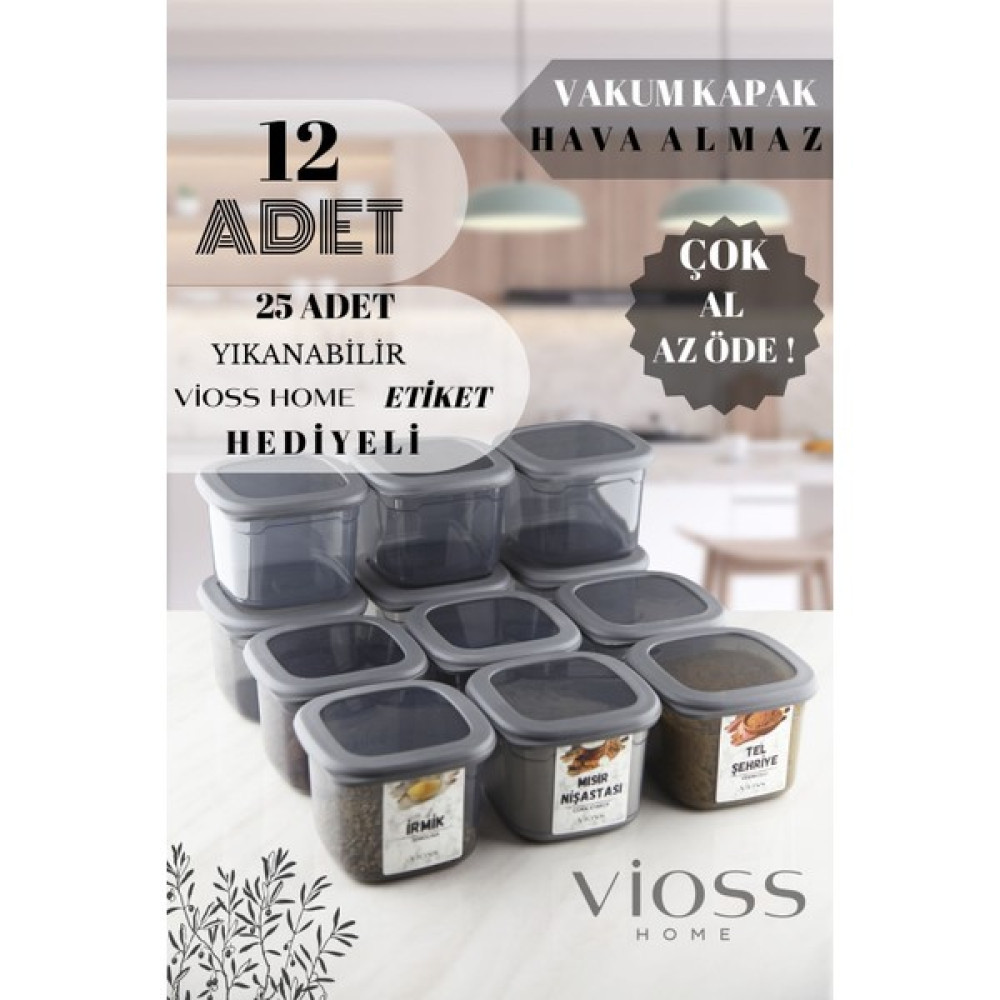 Vioss Home 12 Adet Kaşıklı ve Etiketli Bella Erzak Saklama Kabı 12'li Set Küçük Boy 550 ml Baharatlık Saklama Kapları Fiyatı