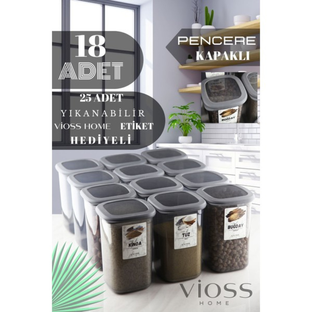 Vioss Home 18 Adet Bella Büyük Boy Erzak Saklama Kabı Seti Etiketli Antrasit - 1200 ml Süper Set Saklama Kapları Fiyatı