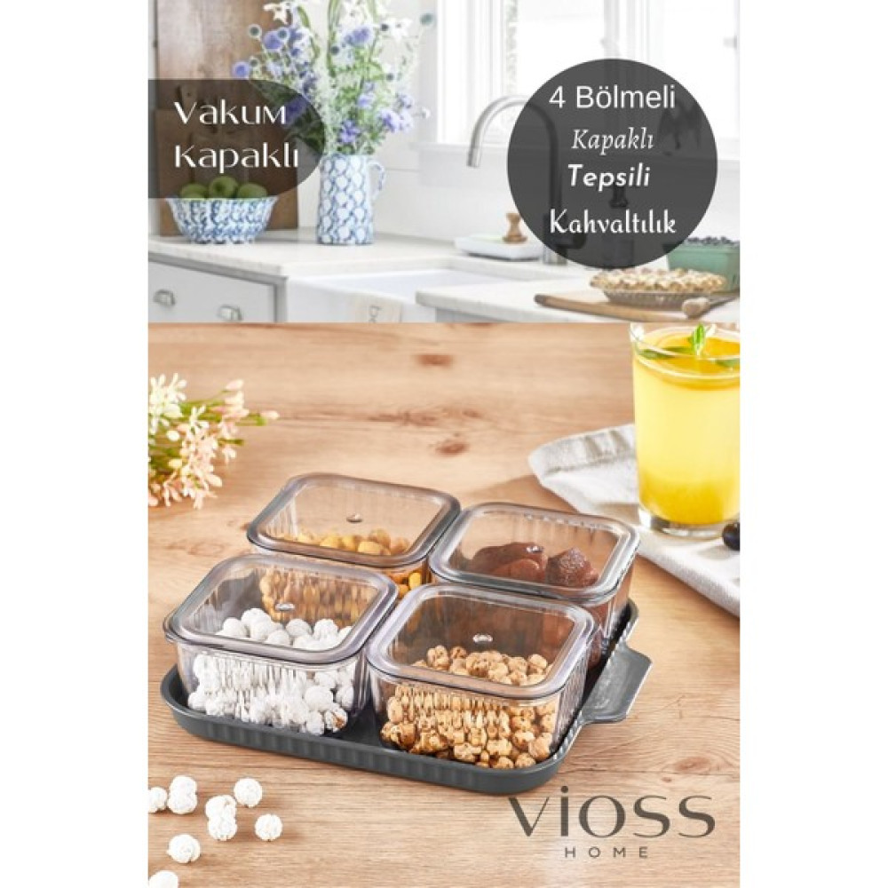 Vioss Home 4 Bölmeli 9 Parça Kapaklı Tepsili Kahvaltılık ve Sunum Seti Saklama Kapları Fiyatı