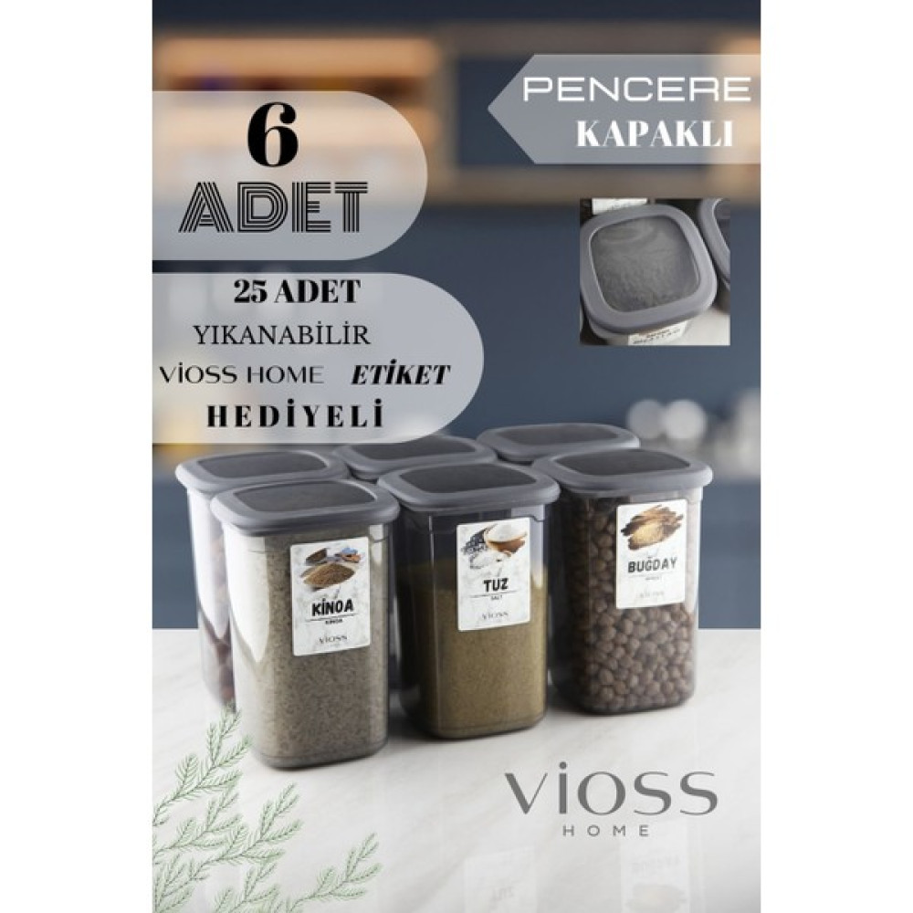 Vioss Home 6 Adet Bella Büyük Boy Erzak Saklama Kabı Seti Etiketli Antrasit - 1200 ml Süper Set Saklama Kapları Fiyatı