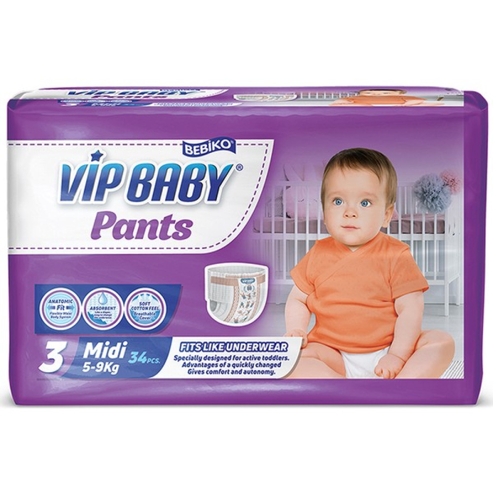 Vip Baby Bebiko Vip Baby Bebek Bezi Midi 3 Numara 34 Adet - 3 Beden (4 - 9 kg) - 1 Paket Bebek Bezi Fiyatı