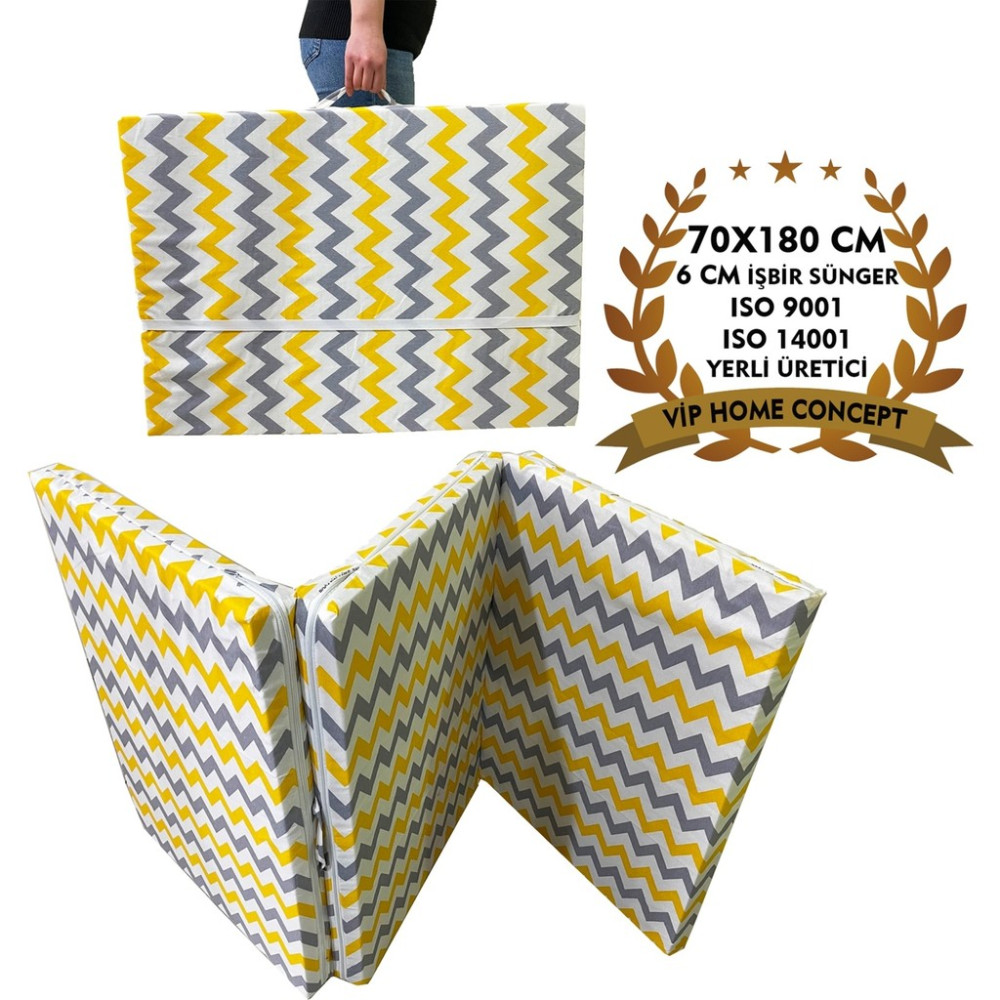 Vip Home Concept Katlanır Yer Yatağı ve Tek Kişilik Sünger Katlanır Minder Yatak 70X180 cm 6 Cm-Sarı Gri Zikzak - 70 x 180 x 6 cm Yatak Fiyatı