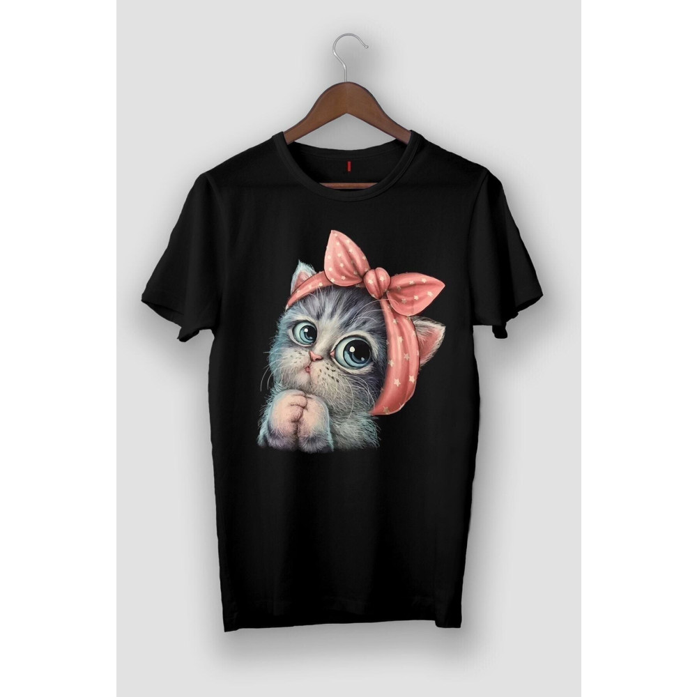 viptasarımtshirt Kadın Siyah Sevimli Minik Kedi Baskılı T-shirt M Beden Bayan T-shirt Fiyatı