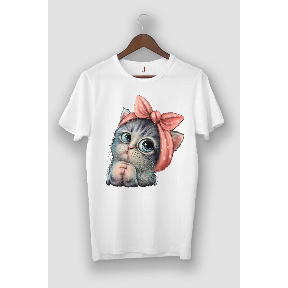 viptasarımtshirt Unisex Beyaz Sevimli Minik Kedi Baskılı T-shirt L Beden Bayan T-shirt Fiyatı