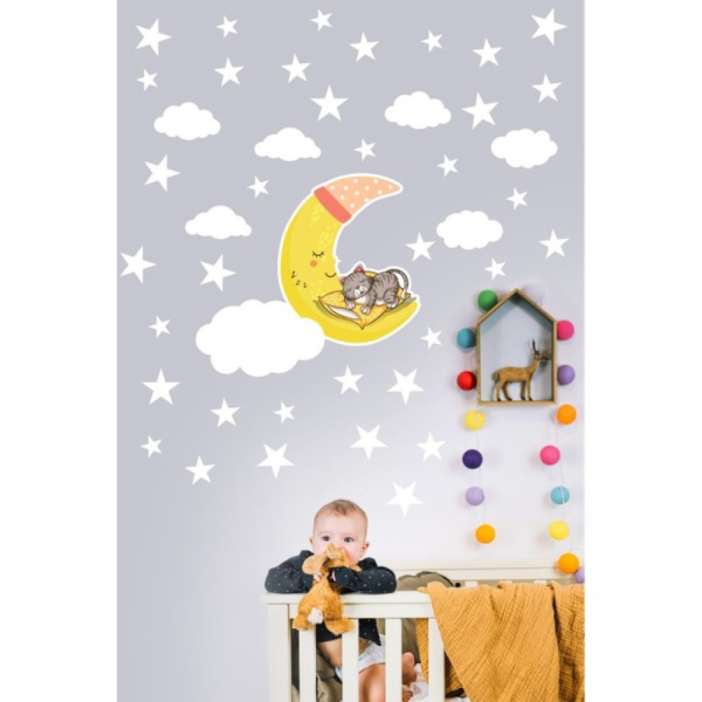 Visare Ay Dede ve Bulutlar + 50 Adet Beyaz Yıldız Duvar Sticker Seti - Çocuk Bebek Odası - 4 x 4 cm - Renkli Sticker Fiyatı
