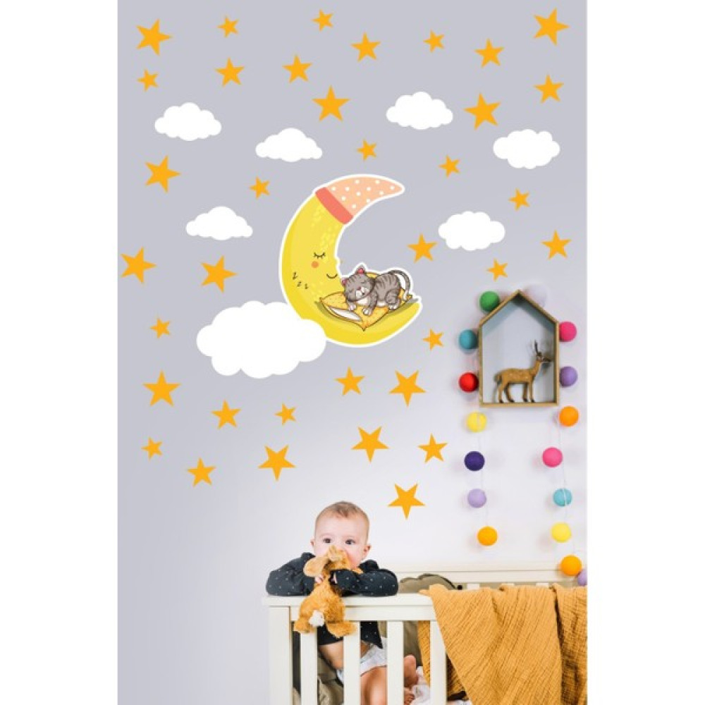Visare Ay Dede ve Bulutlar + 50 Adet Turuncu Yıldız Duvar Sticker Seti - Çocuk Bebek Odası - 4 x 4 cm - Renkli Sticker Fiyatı