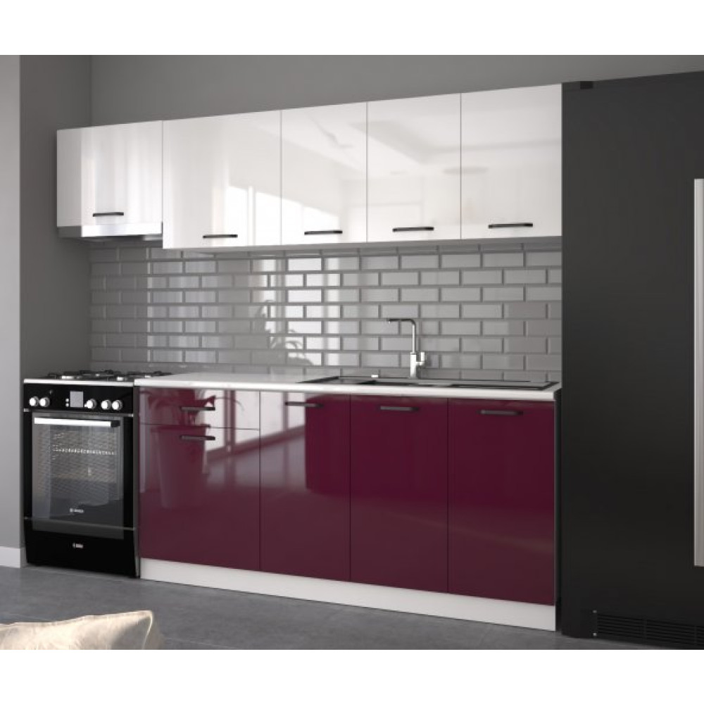 Visasconcept 240 Cm Bugra Hazir Mutfak Dolabi Parlak High-Gloss Beyaz Ve Murdum Mutfak Dolabı / Mobilyası Fiyatı