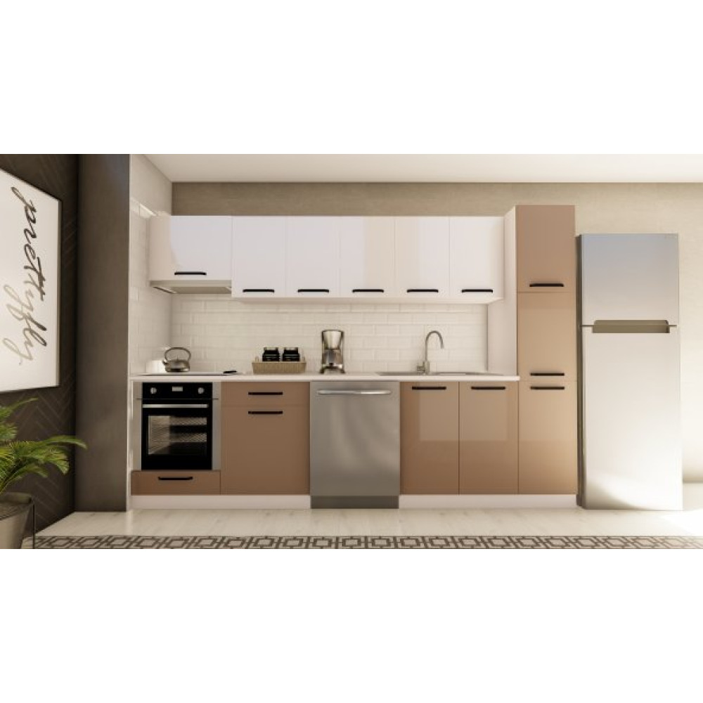 Visasconcept 300 Cm Almira Hazir Mutfak Dolabi Aspirator, Ankastre Ve Kiler Modullu Parlak Beyaz Ve Cappuccino Mutfak Dolabı / Mobilyası Fiyatı