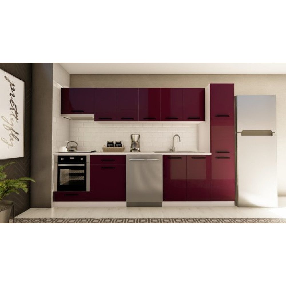 Visasconcept 300 Cm Ferda Hazir Mutfak Dolabi Aspirator, Ankastre Ve Kiler Modullu Parlak Murdum Mutfak Dolabı / Mobilyası Fiyatı