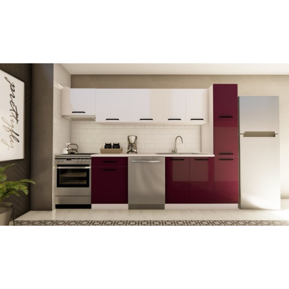 Visasconcept 300 Cm Yudum Hazir Mutfak Dolabi Aspirator Ve Kiler Modullu Parlak Beyaz Ve Murdum Mutfak Dolabı / Mobilyası Fiyatı