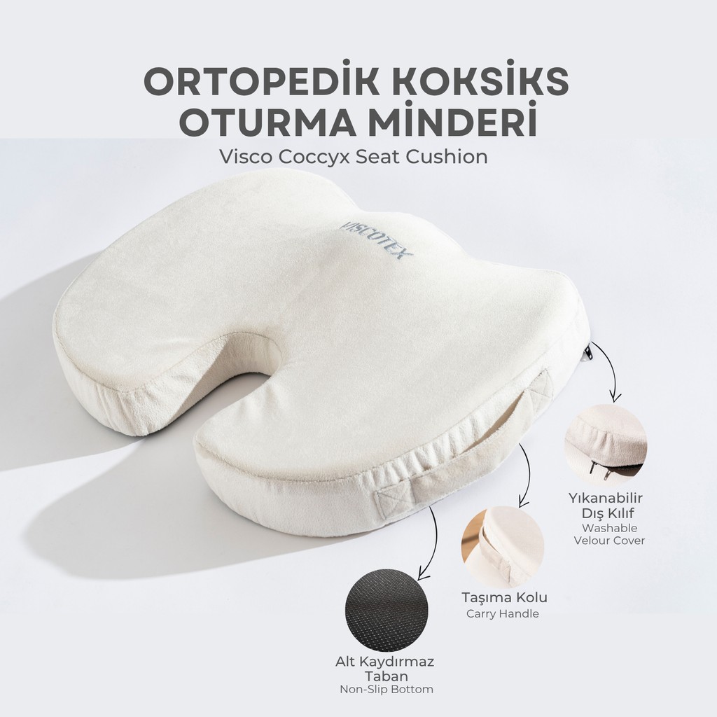 Visco Ortopedik, Kaydırmaz Tabanlı, Ofis, Araba, Koksiks Oturma Minderi, 45X34X7CM - 45 x 34 x 7 cm - Bej Yastık Fiyatı