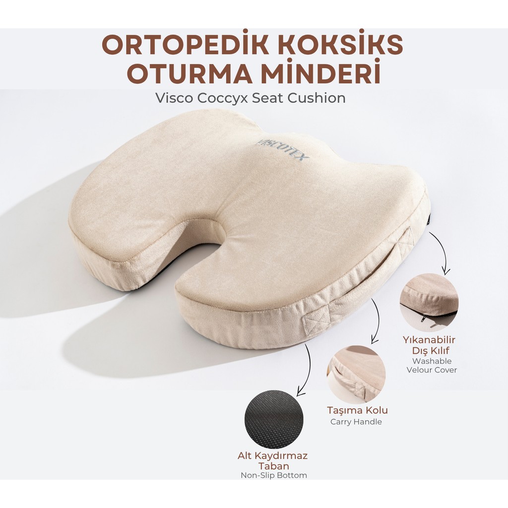 Visco Ortopedik, Kaydırmaz Tabanlı, Ofis, Araba, Koksiks Oturma Minderi, 45X34X7CM - 45 x 34 x 7 cm - Camel Yastık Fiyatı