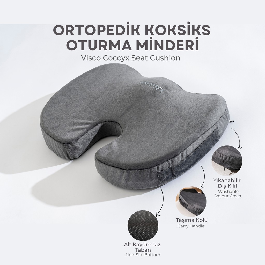 Visco Ortopedik, Kaydırmaz Tabanlı, Ofis, Araba, Koksiks Oturma Minderi, 45X34X7CM - 45 x 34 x 7 cm - Füme Yastık Fiyatı
