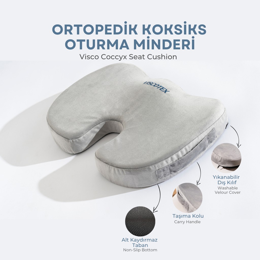 Visco Ortopedik, Kaydırmaz Tabanlı, Ofis, Araba, Koksiks Oturma Minderi, 45X34X7CM - 45 x 34 x 7 cm - Gri Yastık Fiyatı