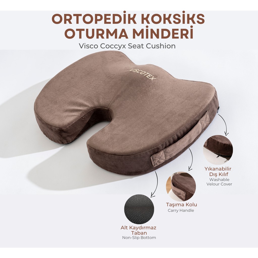 Visco Ortopedik, Kaydırmaz Tabanlı, Ofis, Araba, Koksiks Oturma Minderi, 45X34X7CM - 45 x 34 x 7 cm - Kahverengi Yastık Fiyatı