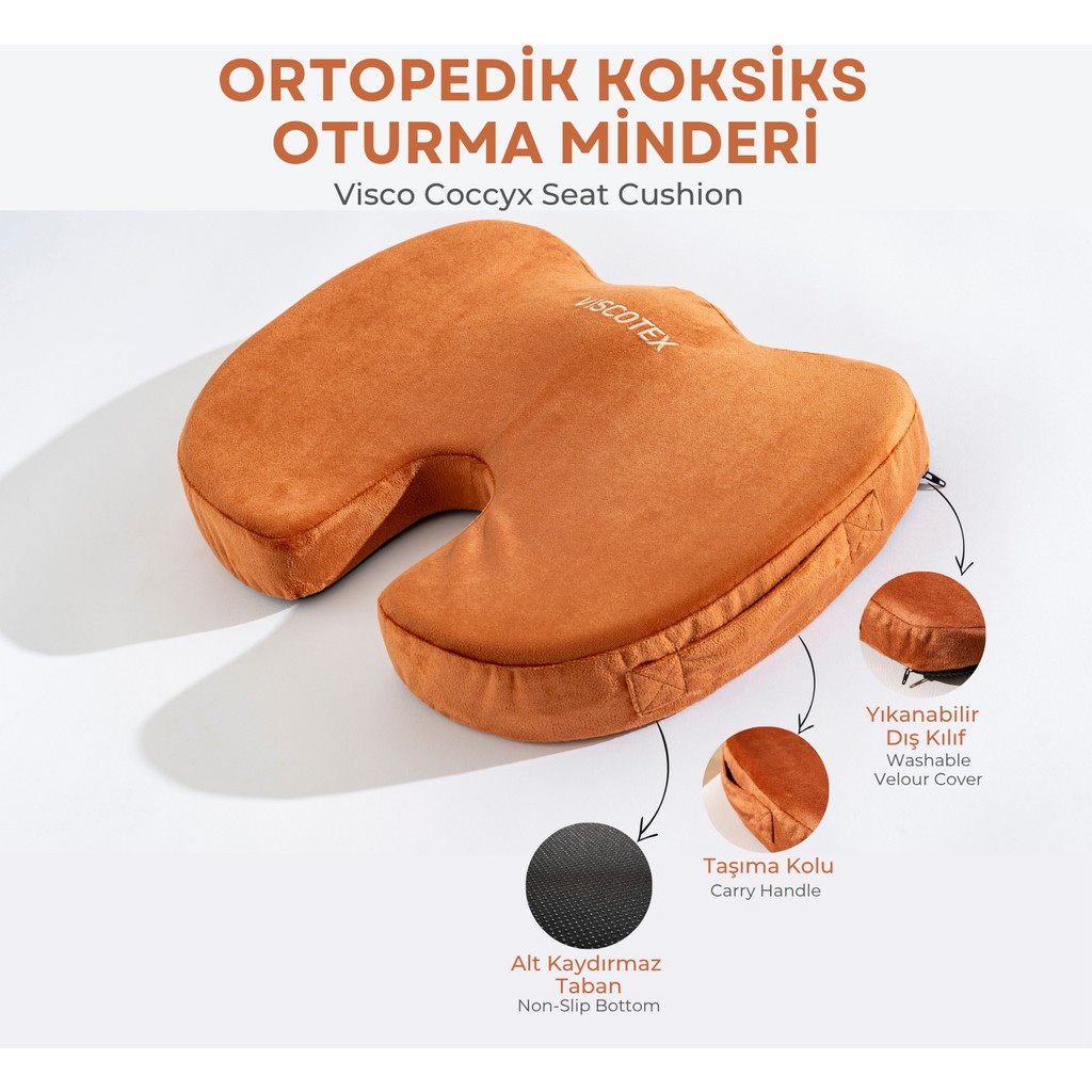 Visco Ortopedik, Kaydırmaz Tabanlı, Ofis, Araba, Koksiks Oturma Minderi, 45X34X7CM - 45 x 34 x 7 cm - Kiremit Rengi Yastık Fiyatı