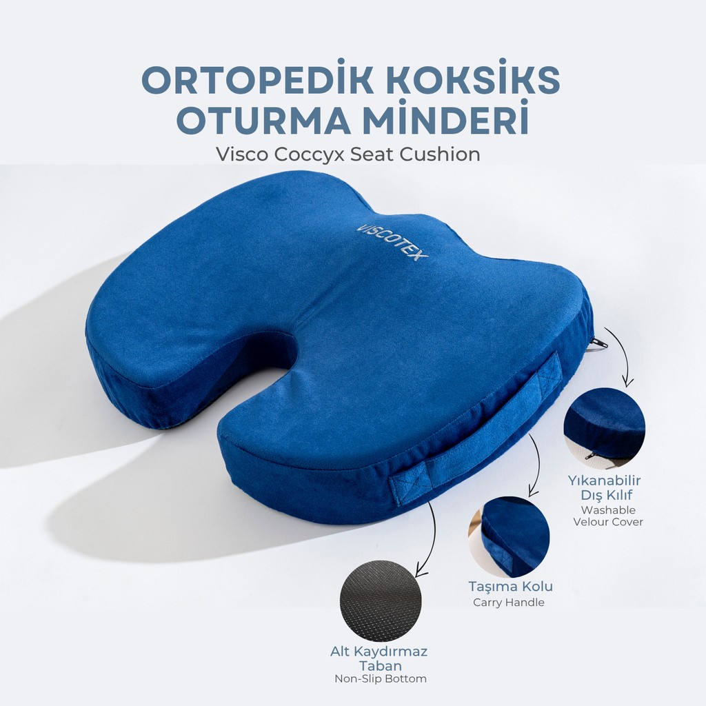Visco Ortopedik, Kaydırmaz Tabanlı, Ofis, Araba, Koksiks Oturma Minderi, 45X34X7CM - 45 x 34 x 7 cm - Lacivert Yastık Fiyatı