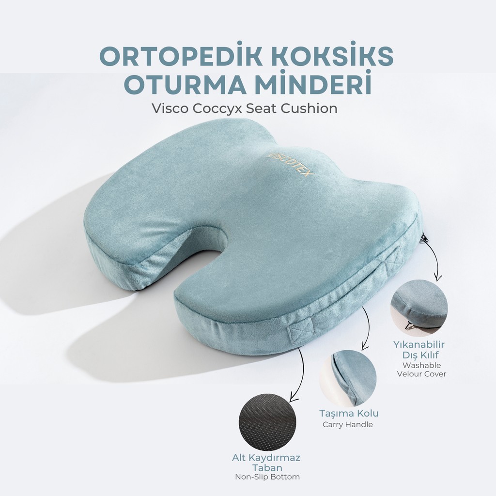 Visco Ortopedik, Kaydırmaz Tabanlı, Ofis, Araba, Koksiks Oturma Minderi, 45X34X7CM - 45 x 34 x 7 cm - Mint Yastık Fiyatı