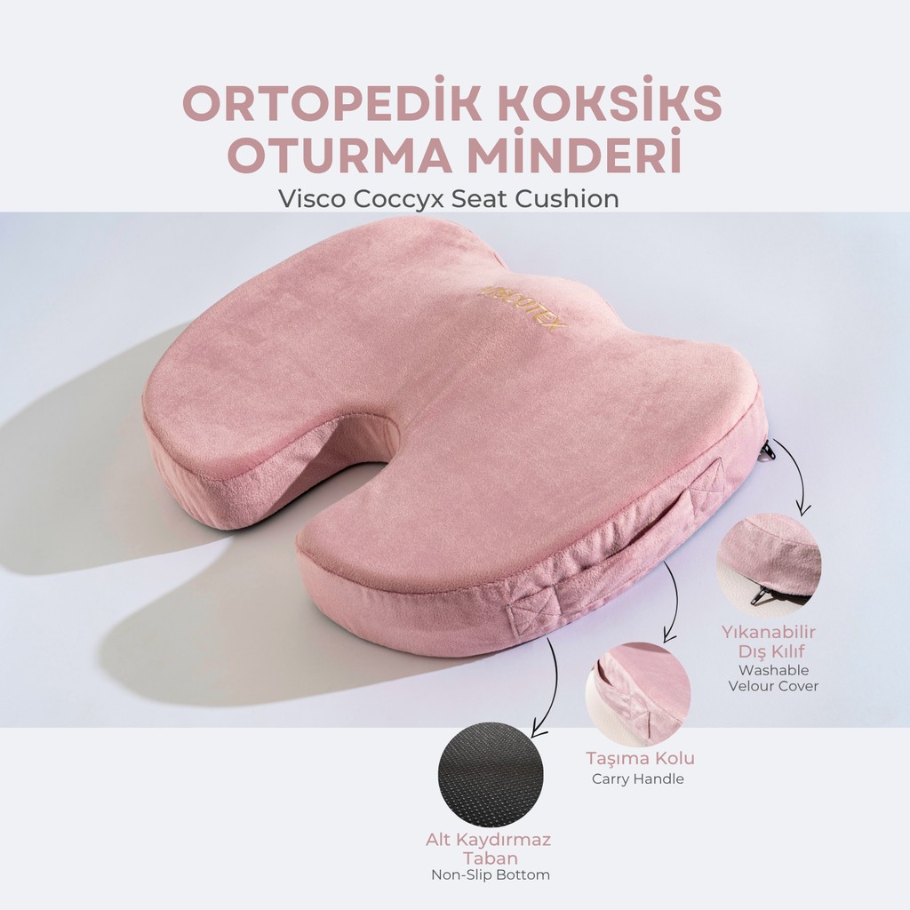 Visco Ortopedik, Kaydırmaz Tabanlı, Ofis, Araba, Koksiks Oturma Minderi, 45X34X7CM - 45 x 34 x 7 cm - Pembe Yastık Fiyatı