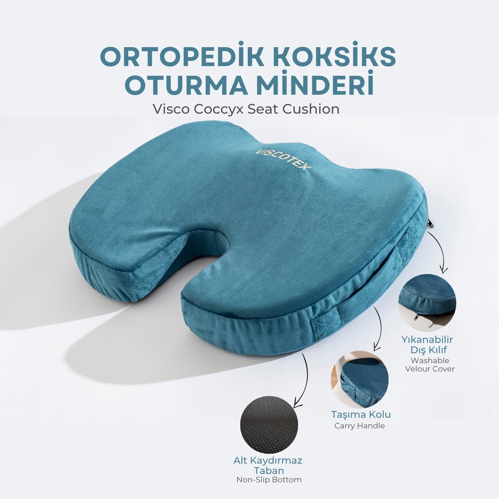 Visco Ortopedik, Kaydırmaz Tabanlı, Ofis, Araba, Koksiks Oturma Minderi, 45X34X7CM - 45 x 34 x 7 cm - Petrol Yastık Fiyatı