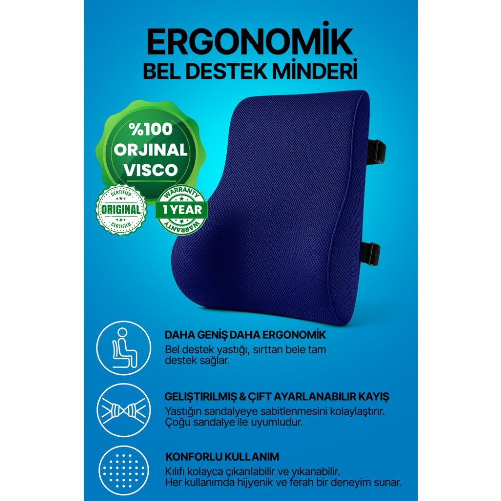 Viscomina Ortopedik Visco Bel Destek Yastığı Hafızalı Sünger Araç ve Ofis Koltuğu Için Ergonomik Bel Desteği - Standart - Lacivert Yastık Fiyatı