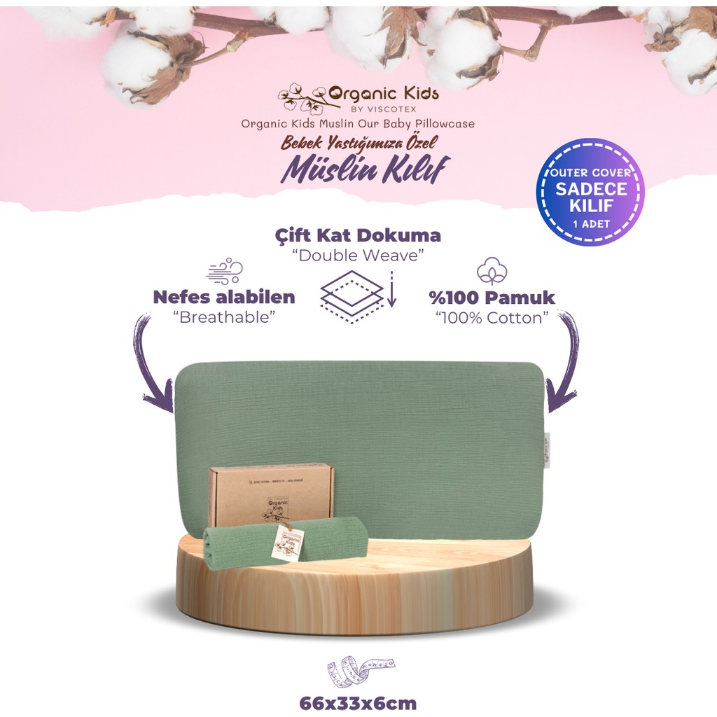 Viscotex Çift Katlı Müslin Çocuk Yastık Kılıfı, Pamuk, 66X36X6 cm - Haki Yastık Kılıfı Fiyatı