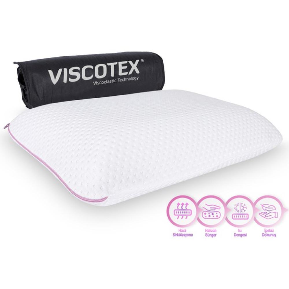 Viscotex Visco Hava Kanallı Klasik Yastık, Medium, 60X40X14CM, Beyaz-Pembe - 60 x 40 cm - Pembe Yastık Fiyatı
