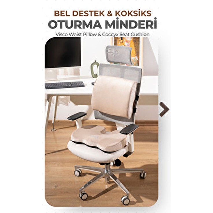 Viscotex Visco Ortopedik Oturma ve Bel Destek Minderi Seti, Sırt Yastığı ve Koksiks Minderi - 35 x 45 cm - Ekru Yastık Fiyatı
