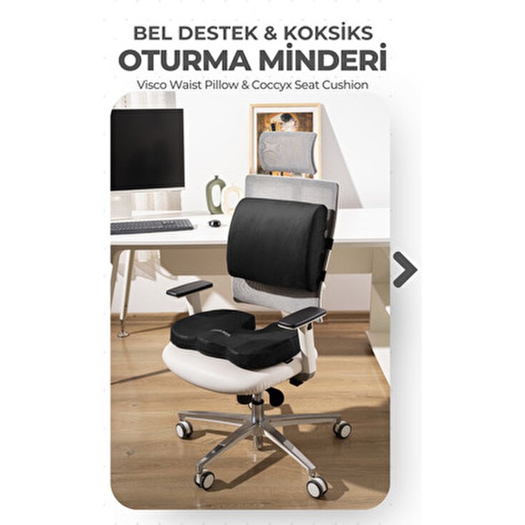 Viscotex Visco Ortopedik Oturma ve Bel Destek Minderi Seti, Sırt Yastığı ve Koksiks Minderi - 35 x 45 cm - Siyah Yastık Fiyatı