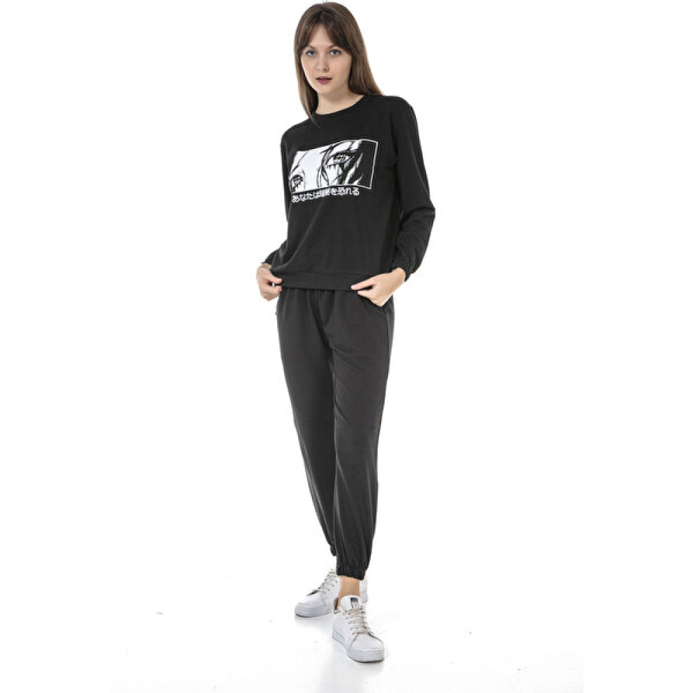 Vıshenka Kadın Anime Karakter Baskılı 2 Iplik Alt Üst Siyah Renk Sweatshirt Takım Bayan Sweatshirt Fiyatı