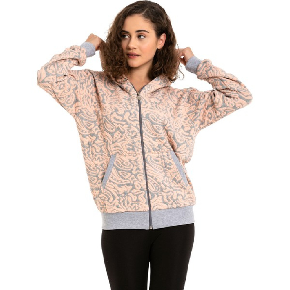 Vishenka Kadın Gri Pembe Renk Jakar Örme Kapüşunlu Cepli Fermuar Kapamalı Sweatshirt Bayan Sweatshirt Fiyatı