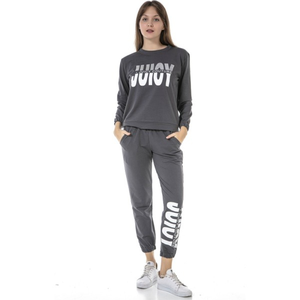 Vıshenka Kadın Juıcy Yazı Baskılı 2 Iplik Alt Üst Gri Renk Sweatshirt Takım Bayan Sweatshirt Fiyatı