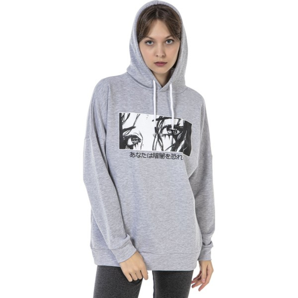 Vıshenka Unisex Anime Baskılı 3 Iplik Kapüşonlu Kanguru Cepli Gri Renk Sweatshirt Bayan Sweatshirt Fiyatı