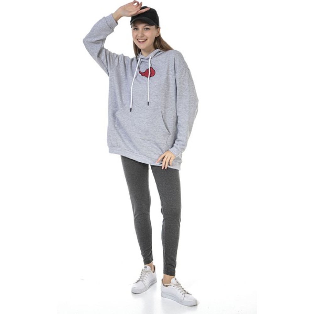 Vıshenka Unisex Ön Arka Anime Baskılı 3 Iplik Oversize Kapüşonlu Kanguru Cepli Gri Renk Sweatshirt Bayan Sweatshirt Fiyatı