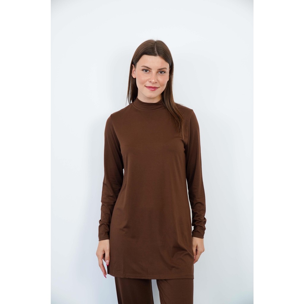 Viskon Dik Yaka Tunik-Kahverengi Tunik Fiyatı