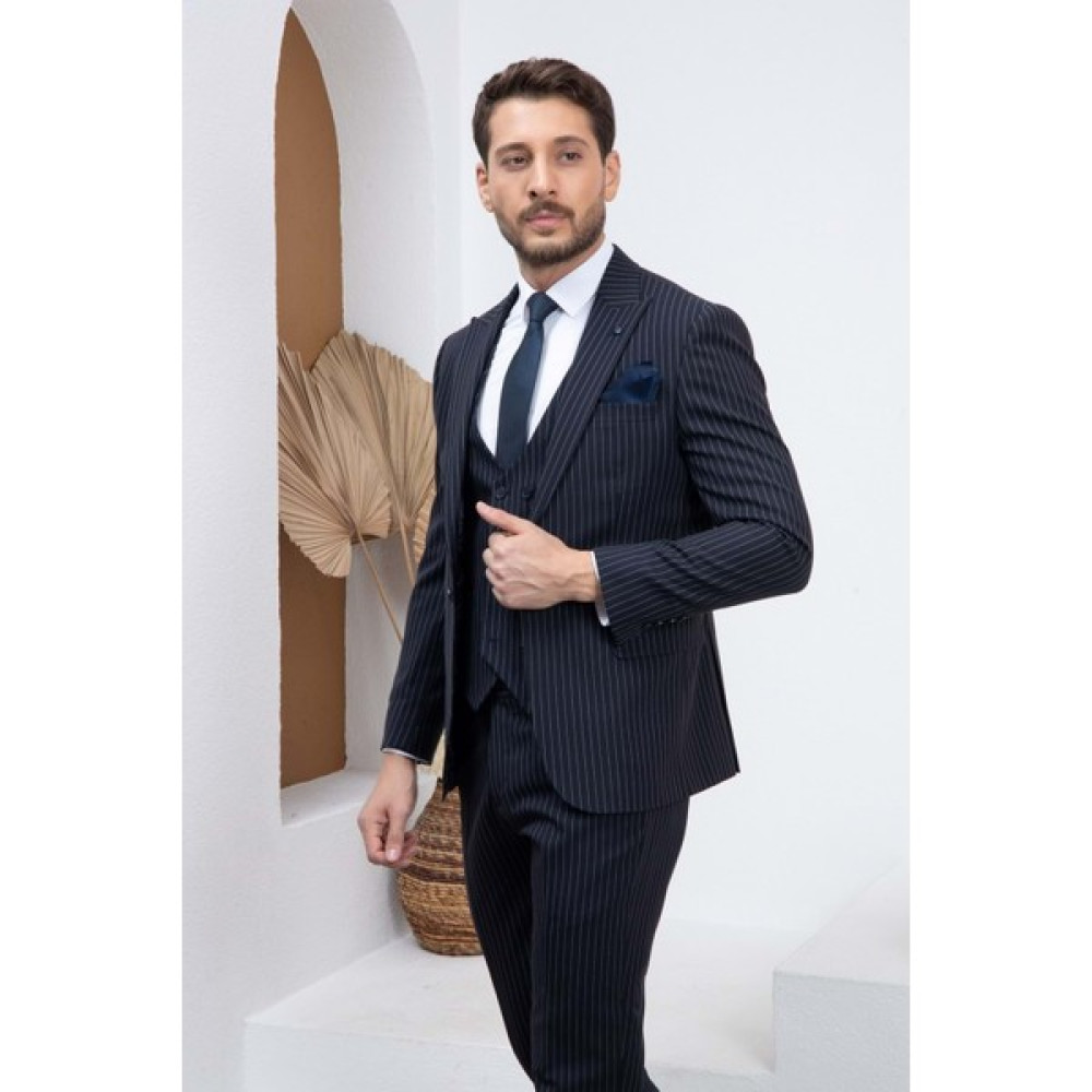 Vito Andolini Lacivert Çizgili Slim Fit Yelekli Erkek Takım Elbise Erkek Takım Elbise Fiyatı
