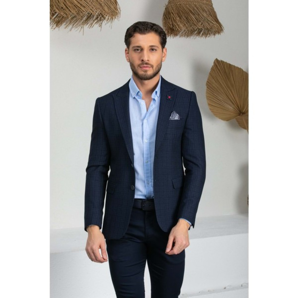 Vito Andolini Lacivert Kareli Slim Fit Erkek Tek Ceket Erkek Ceket Fiyatı