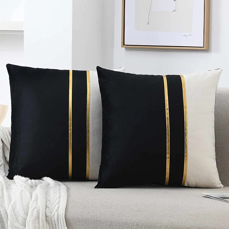 Vivamia 2 Adet Altın Deri Şeritli Kadife Görünümlü Dekoratif Kırlent Kılıfı - 43 x 43 cm - Krem - Siyah Diğer Fiyatı
