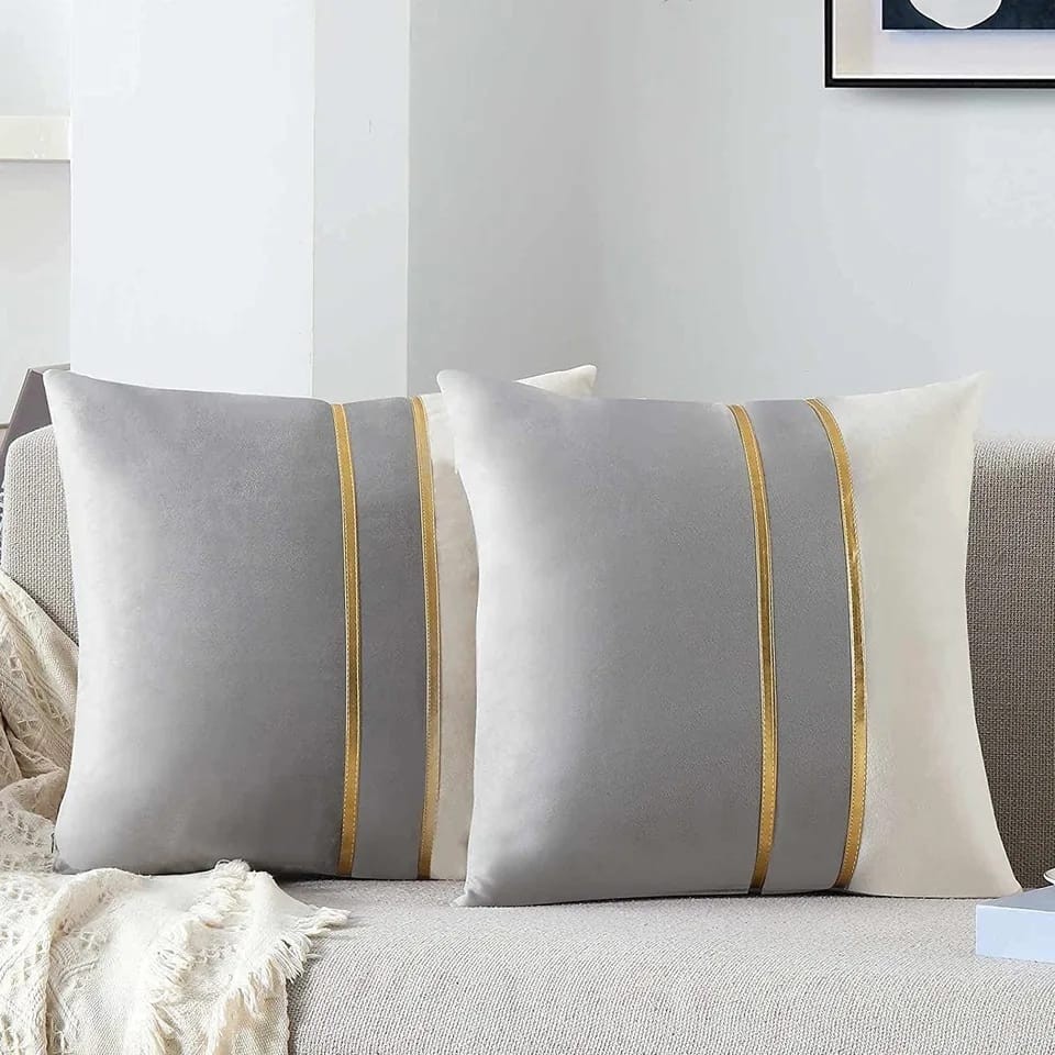 Vivamia 2 Adet Altın Deri Şeritli Kadife Görünümlü Dekoratif Kırlent Kılıfı - 50 x 50 cm - Krem - Gri Diğer Fiyatı