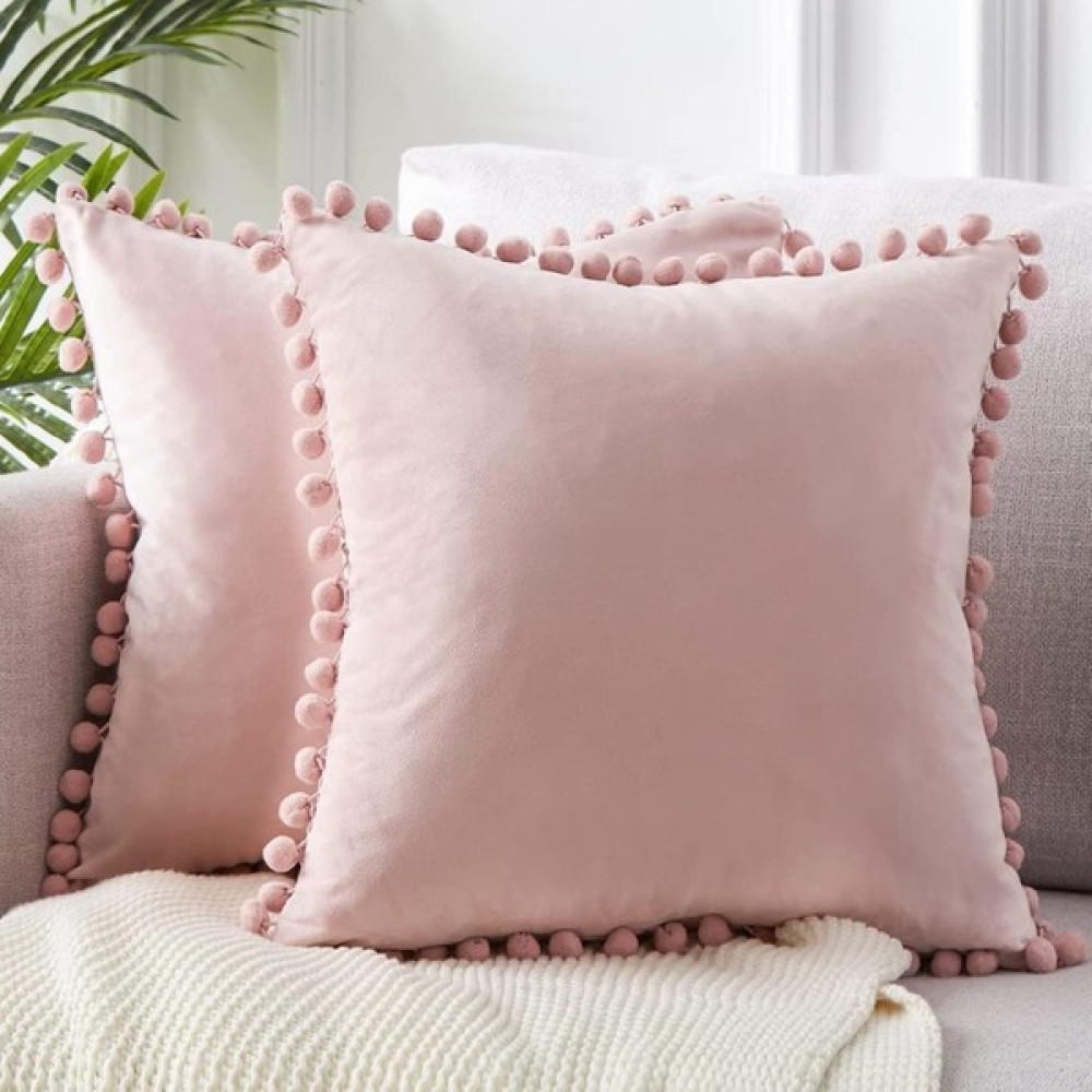 Vivamia 2 Adet Ponponlu Dekoratif Kırlent Kılıfı - 43 x 43 cm - Açık Pembe Kırlent / Mobilya Yastığı Fiyatı