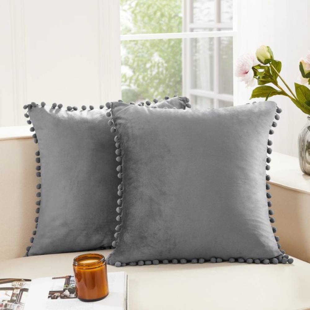 Vivamia 2 Adet Ponponlu Dekoratif Kırlent Kılıfı - 50 x 50 cm - Gri Kırlent / Mobilya Yastığı Fiyatı