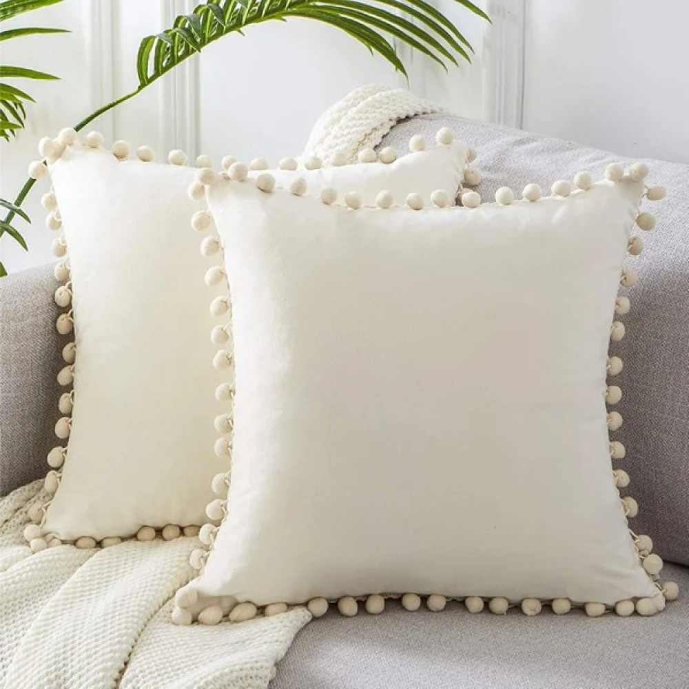 Vivamia 2 Adet Ponponlu Dekoratif Kırlent Kılıfı - 50 x 50 cm - Krem Kırlent / Mobilya Yastığı Fiyatı