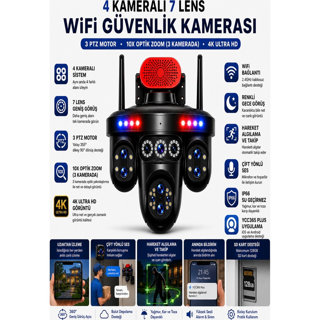Vivatech Pro Umeko 4 Kameralı Wifi Güvenlik Kamerası 3 Ptz 10X Optik Zoom Gece Görüşlü IP66 Dış Mekan Güvenlik Kameraları Fiyatı
