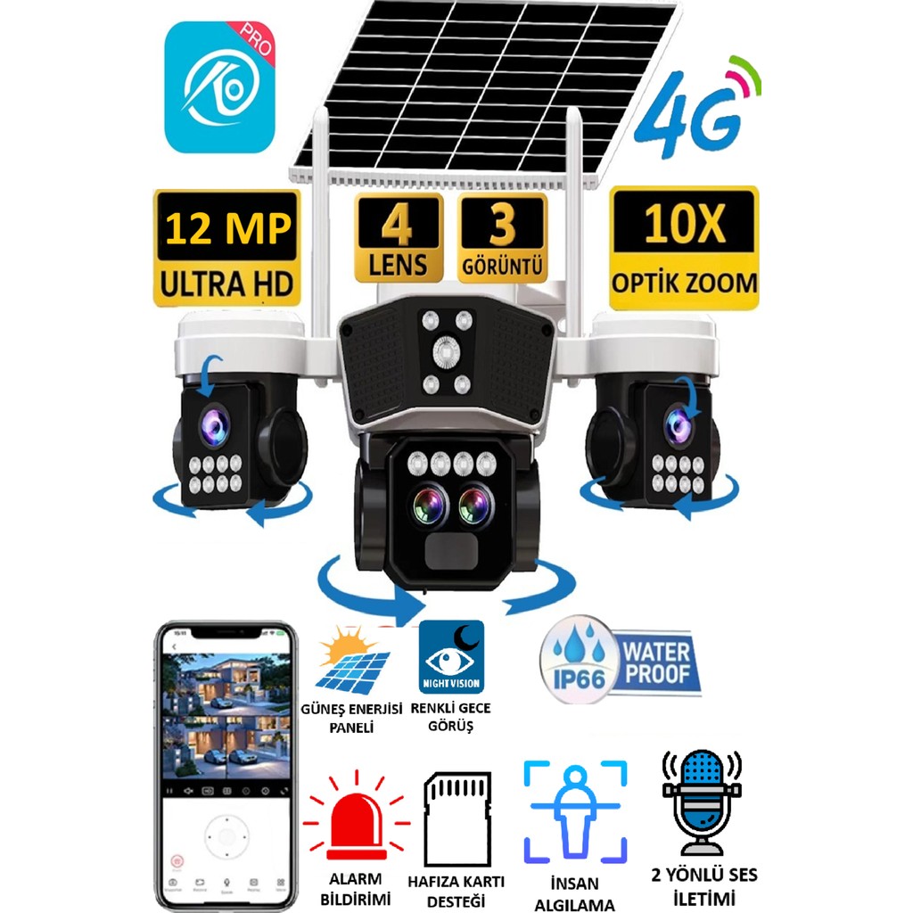 Vivatech Ultimate O-Kam 9095 12MP 10X Zoom 4 Lens 3 Ekran UltraHD 4G Solar Akıllı Güvenlik Kamerası Güvenlik Kameraları Fiyatı