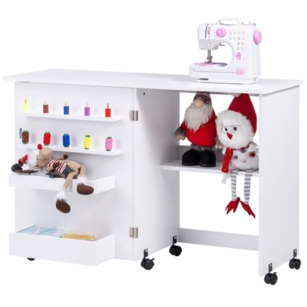Vividwood Folding Sewing Table, Multipurpose Sewing Machine Table with Compact Design, Wheels, Shelves, Bins, Pegs, Magnetic Locks (White) Sewing Machine Accessories Fiyatı