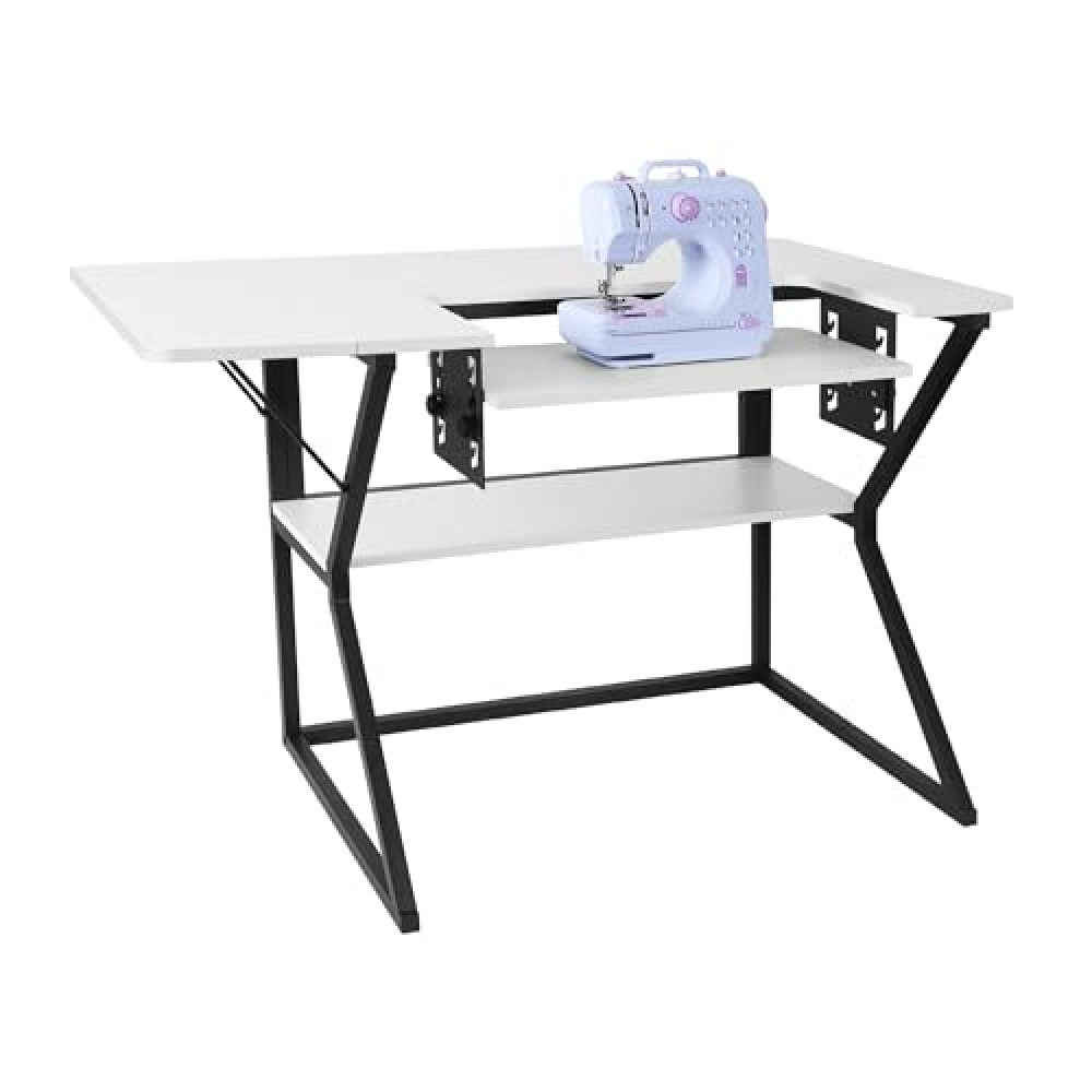 Vividwood Sewing Table, Large Sewing Machine Table with Adjustable Platform and Storage Shelf - White Sewing Machine Accessories Fiyatı